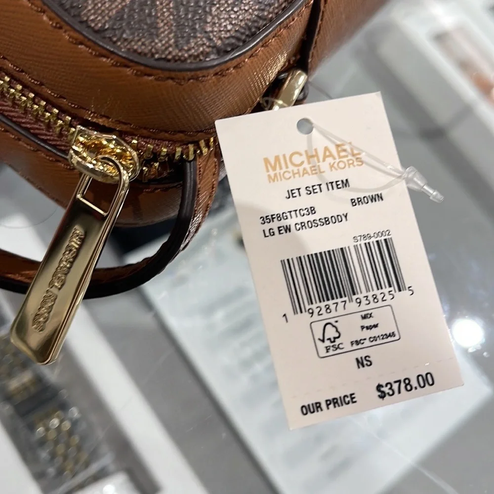 Michael Kors Jet Set Item Large East West Zip Crossbody Brown Signature